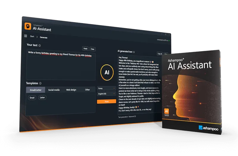 Ashampoo AI Assistant : créez, corrigez, traduisez et analysez vos textes avec l’intelligence artificielle. Compatible Windows 10 et 11.
